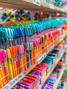 ps笔刷记号笔摄影照片_文具店货架上的彩色笔铅笔标记
