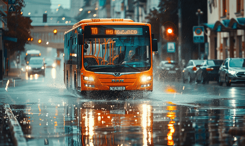 矿井排水摄影照片_橙色市政巴士在雨路上行驶溅起水花