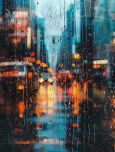 雨夜玻璃窗外的城市灯光高清图片