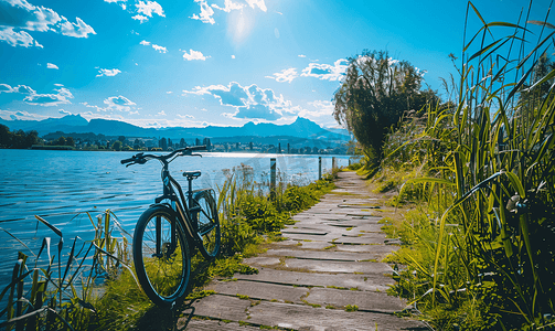 玫瑰花粥摄影照片_在湖上骑自行车度过一个下午