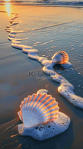 带贝壳的珍珠背景图片_夏日海岸海滩波浪海螺贝壳海景背景9