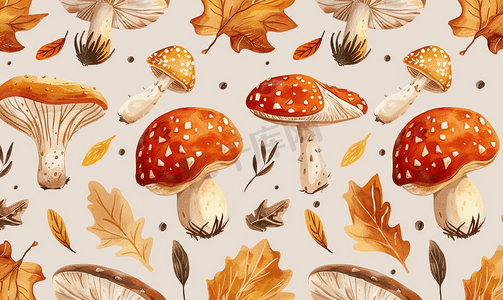 秋季蘑菇无缝图案矢量插图