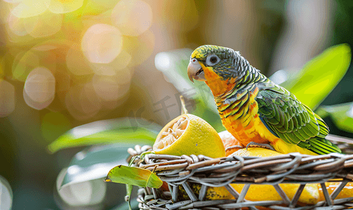 柳条gif摄影照片_一只小鹦鹉栖息在柳条篮和人造柠檬上
