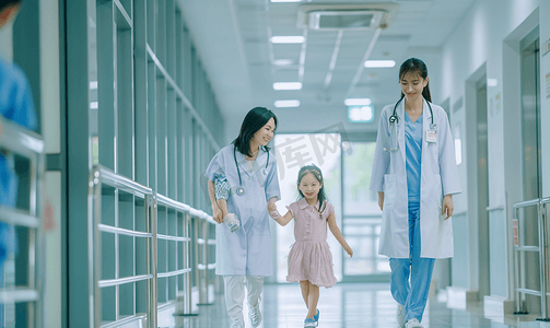 医生护士摄影照片_家庭医生小轻的母亲带着女儿群医生医院里