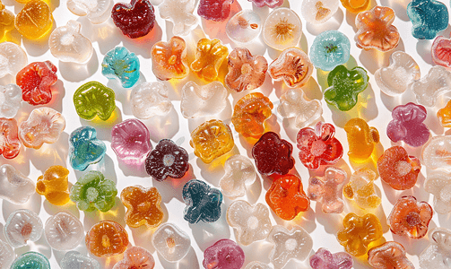 彩色糖果背景摄影照片_彩色果冻熊的特写全帧背景紧密放置