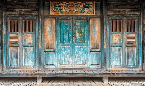 泰国复古传统建筑前的经典背景木墙和门