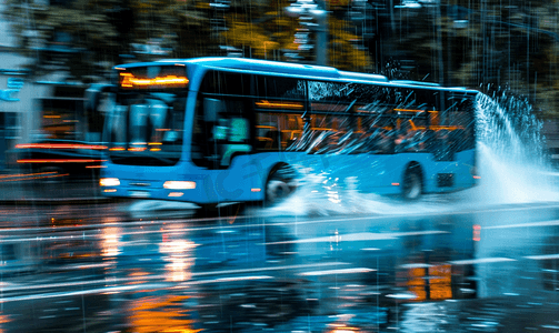 蓝色市政巴士在雨路上行驶溅起水花