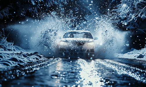出水cc摄影照片_冬夜路上行驶的白色汽车喷出脏水