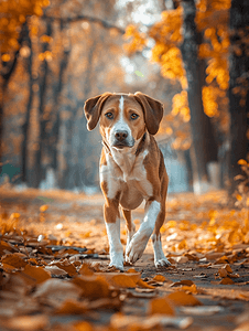 散步摄影照片_秋季干燥天气棕白短毛杂种狗在公园散步