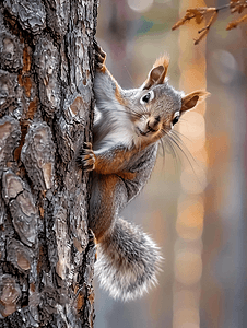 一只灰松鼠站在树上