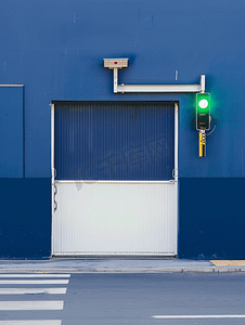 滑动滚屏摄影照片_蓝色车库上的白色自动向上滑动门带绿灯红绿灯