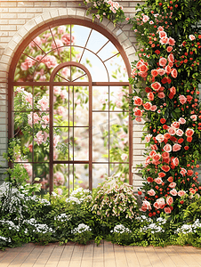 露台砖墙大窗户装饰着美丽的花朵