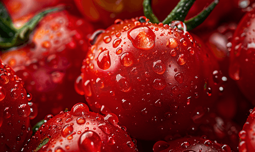 新鲜红樱桃番茄与水滴的宏观照片
