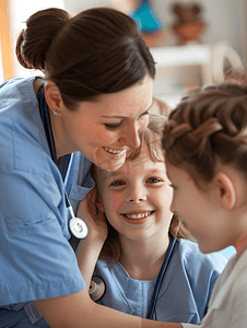 女护士为儿童小朋友检查耳朵