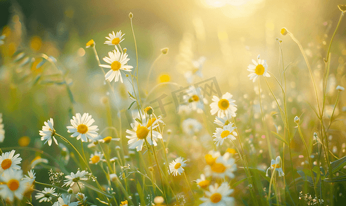 金色的花朵摄影照片_草地模糊背景中野花和草的散焦视图