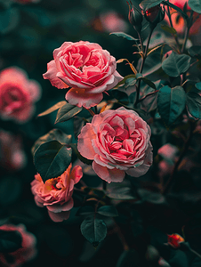 美容夏季摄影照片_晚间花园中的粉红玫瑰夏季花朵花卉背景