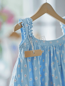 蓝色连衣裙上的洗衣护理服装标签