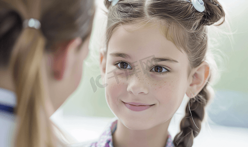 一个女儿科医生 看着一个小女孩的耳朵