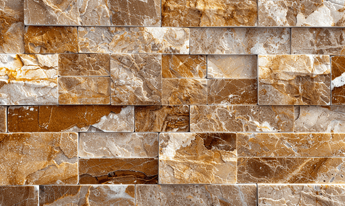 平坦的墙壁上铺有矩形天然棕褐色花岗岩瓷砖上面有白色矿物滴