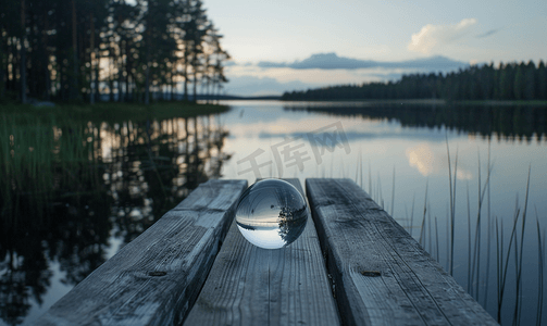 毁坏的星球摄影照片_傍晚时分瑞典湖边木码头上的玻璃球自然斯堪的纳维亚