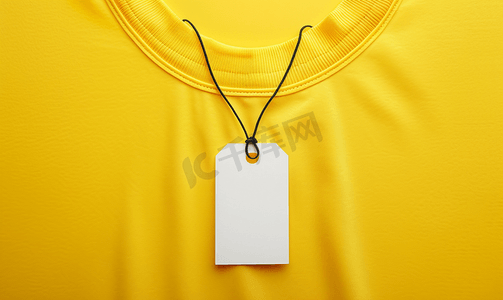 新店开业满减标签摄影照片_新黄色衬衫背景上的白色空白服装标签