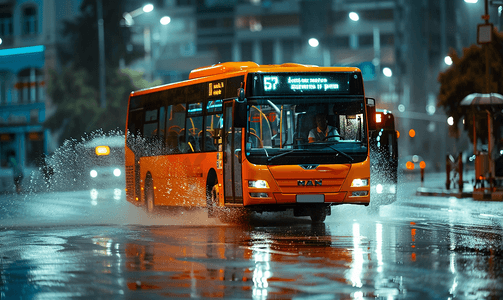 橙色市政巴士在雨路上行驶溅起水花