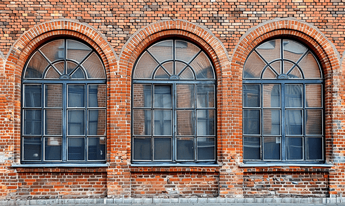 红砖摄影照片_红砖墙上镶有六扇拱形玻璃窗