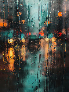 雨夜玻璃窗外的城市灯光高清摄影图