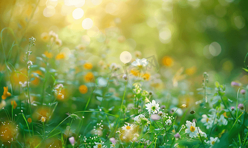 金色的花朵摄影照片_草地模糊背景中野花和草的散焦视图