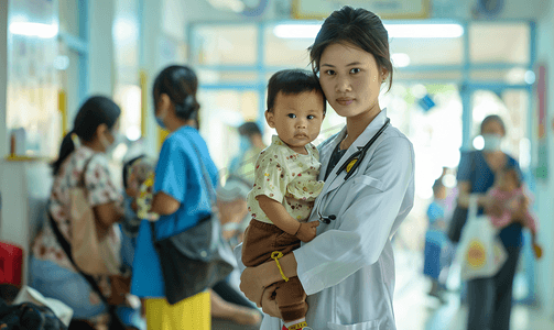 东亚沟通保健年轻妈妈带着孩子看医生