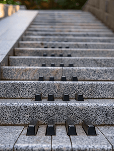 音乐扁平化摄影照片_公共花岗岩楼梯风格化为钢琴键特写视图