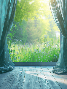具有绿色花园背景的抽象模糊窗帘窗
