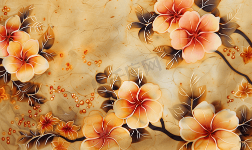 彩绘花卉摄影照片_木框上的花卉图案丝绸蜡染