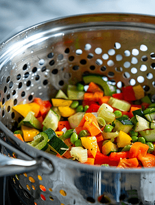 不锈钢烹饪锅漏勺中切碎的煮蔬菜特写