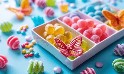 托盘中彩色糖果上的纸蝴蝶