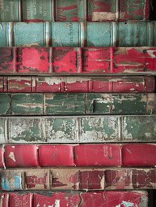 绿色书籍背景摄影照片_垂直堆栈中的抽象书籍背景旧红色和柔和的绿色书籍