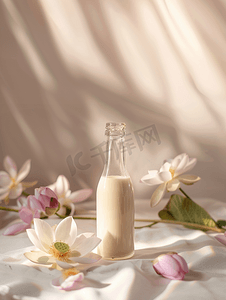 桌上的一瓶莲子奶和莲子