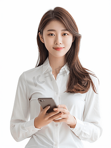 正能量手机海报摄影照片_美丽的亚洲老师使用和打字智能手机孤立在白色背景上
