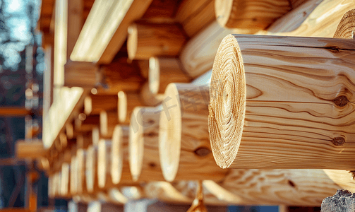 原木风干花摄影照片_传统木屋在施工过程中用对角支柱剥去原木墙