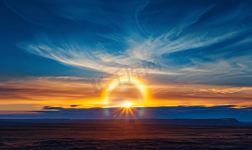 冰岛蓝色夕阳天空中的光环