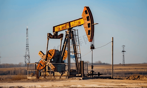 能源开采摄影照片_石油钻井井架从地面泵油石油工业原油开采