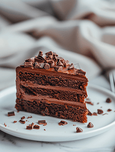 白盘上单层巧克力蛋糕的特写镜头