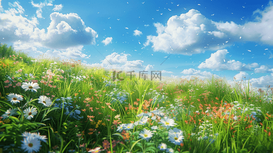 自然蓝天白云背景图片_户外自然蓝天白云风景花草草坪的背景