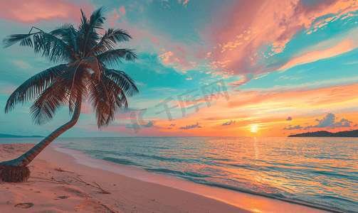 海上日落热带海滩上有椰子棕榈树橙色柔和的天空