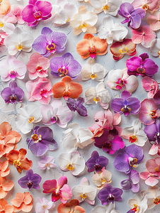 兰花花平躺花卉背景由多彩多姿的蝴蝶兰制成