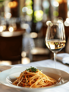葡萄酒酒装饰摄影照片_餐厅桌上的意大利面食和一杯酒