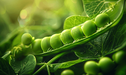 植物豌豆摄影照片_豆荚中美味豌豆的精美特写微距照片