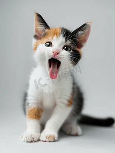 小家电组合摄影照片_张开嘴的小三色小猫的肖像猫咂嘴吐舌头