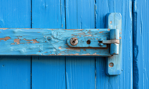 蓝色漆木门上的封闭金属闩锁