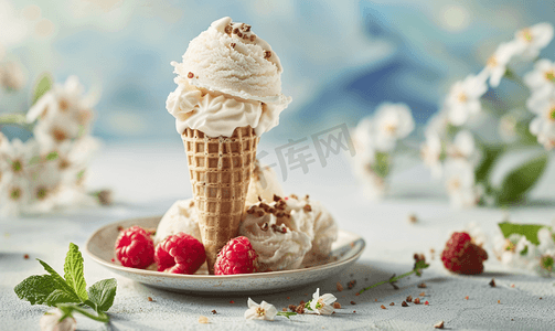 白色冰淇淋球摄影照片_盘子上美味的冰淇淋甜筒